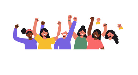 Obraz premium Flat illustration of six multiethnic women united smiling with fists raised in empowerment.