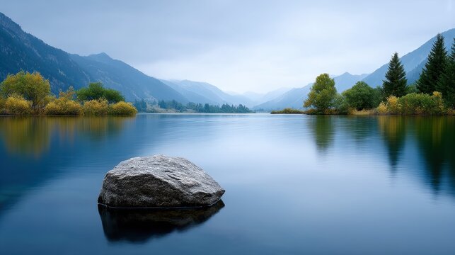 Serene landscape with a rocky outcrop by a calm lake surrounded by mountains.