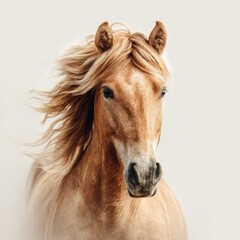 Close-up of a light tan horse's head and flowing mane