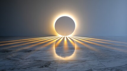 A stunning circular light source casts shadows across a marble floor.