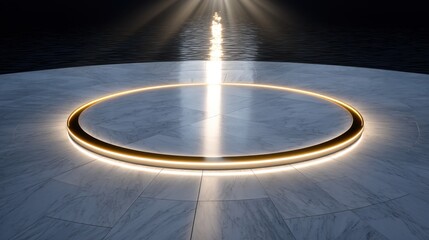 A glowing circular platform illuminated by radiant light on a serene water background.