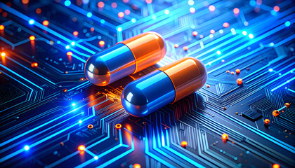 Futuristic glowing capsules on microchip circuit with blue and orange light symbolizing advanced medicine and digital healthcare innovation