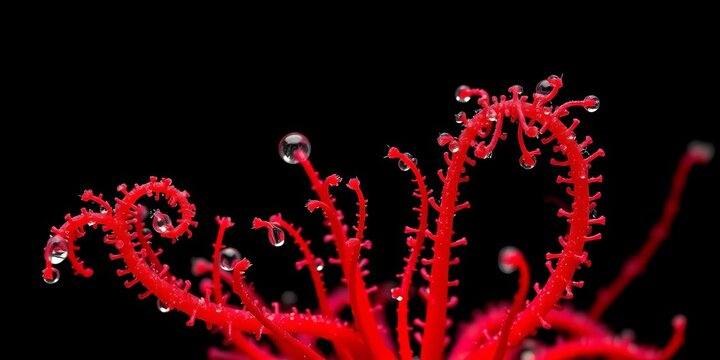 Intricate red tentacles of Drosera capensis, glistening dew drops, black background,  glistening,  drosera capensis