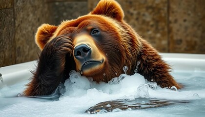 Large brown bear luxuriates in a bubbly bath, playfully grooming its fur,  claws,  bubble bath