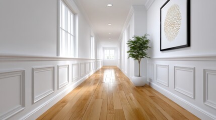Fototapeta premium Bright, modern hallway with wood flooring and decorative plant.