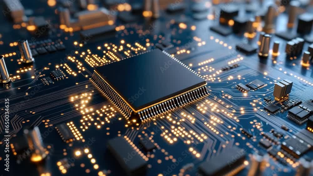 Poster high tech microchip and circuit board showcasing advanced electronics and modern technology