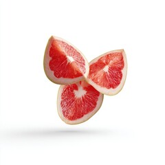 Three vibrant grapefruit slices levitate against a white background
