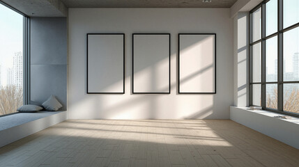 Empty room with three blank poster frames on a wall. Minimalist interior design for home staging or art gallery display concept