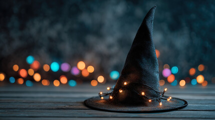 Fototapeta premium Black witch hat with silver cobwebs, illuminated by candlelight on a velvet cloth.