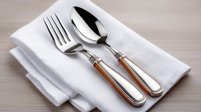 Elegant silverware set on white linen napkins, showcasing modern design.