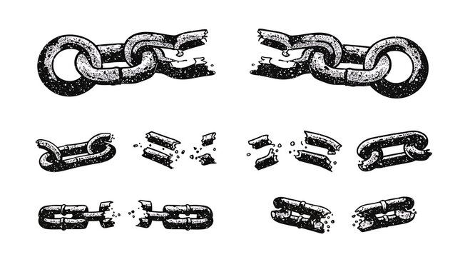 Set of graphic broken chains in a distressed vintage tattoo style with shattered links.