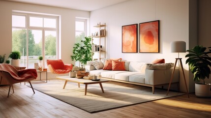 Fototapeta premium elegant living room, modern interior design, minimalist furniture, large windows, wooden floors, colorful artwork, potted plants, cozy atmosphere, natural lighting, warm tones 