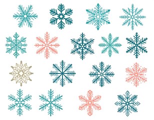 Assortment of stylized snowflake illustrations on a clean white background