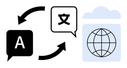 Speech bubbles with letters and arrows showcasing translation, globe for global reach, cloud as digital storage. Ideal for communication, globalization, technology, education, networking
