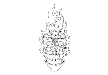 Intricate Flaming Skull with Detailed Ornate Patterns and Stylized Fire, Artistic Black and White Line Art for Tattoo Designs, Gothic Graphics, and Unique Spiritual or Mystical Themes on a Clean White