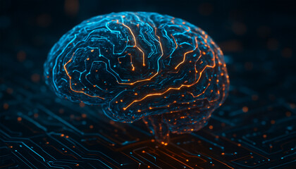 Digital human brain with glowing blue and orange circuitry on dark background representing artificial intelligence and neuroscience integration