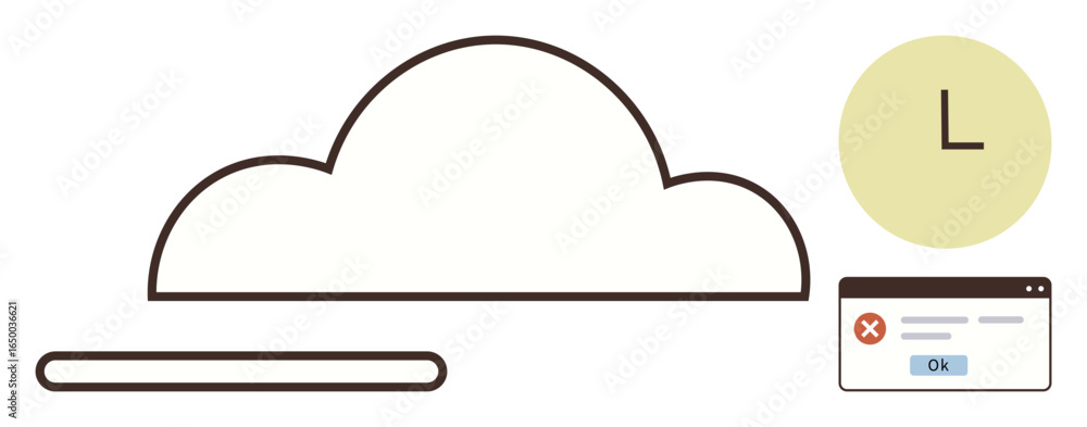 Poster cloud with progress bar, clock, and error notification conveys storage issues, delayed processes, sy