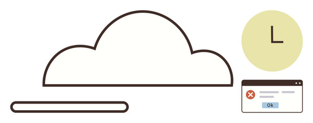 Cloud with progress bar, clock, and error notification conveys storage issues, delayed processes, system downtime, or failures. Ideal for tech issues, data management, cloud computing time