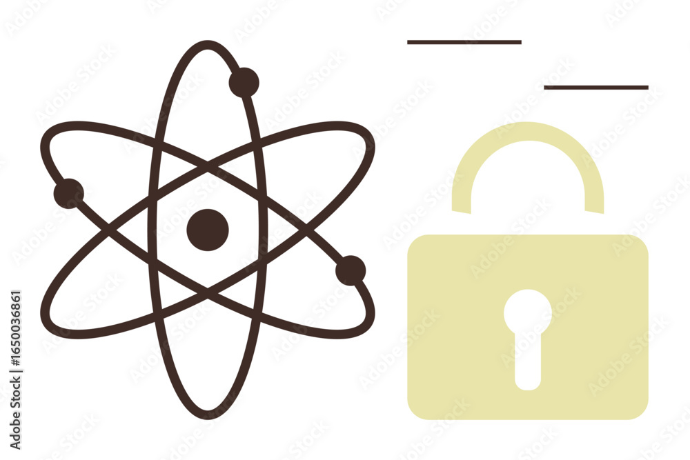 Poster atom model with orbiting electrons next to a closed padlock, representing data protection, cybersecu
