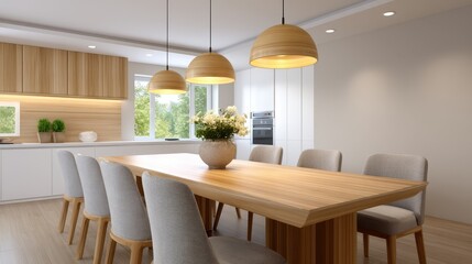 Modern kitchen dining area with a wooden table and stylish pendant lights.