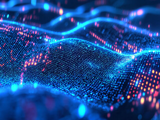 Abstract Digital Waves with Glowing Particles in Blue and Red Colors