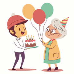 Cheerful elderly woman receiving birthday cake and balloons