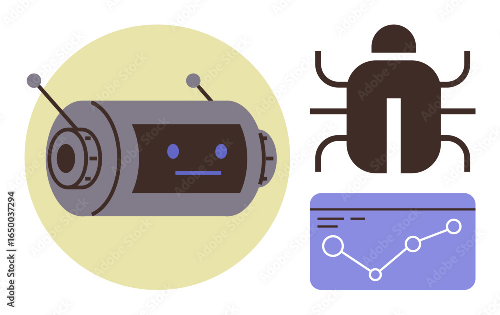 Poster cute robot head with antennas, abstract bug, and line graph symbolizing ai, debugging, analytics, ma