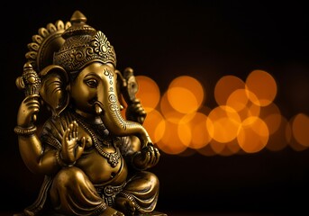 Fototapeta premium Close-up of a golden Ganesh statue, showcasing intricate details. Generative Ai
