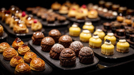 Desserts Sweets Pastries Cupcakes Chocolate Cream Frosting Confectionery Treats Gourmet Bakery Indulgent Luxury Decadent Food Snack Display Fresh Delightful Bites Sugar Tasting Flavors Layers