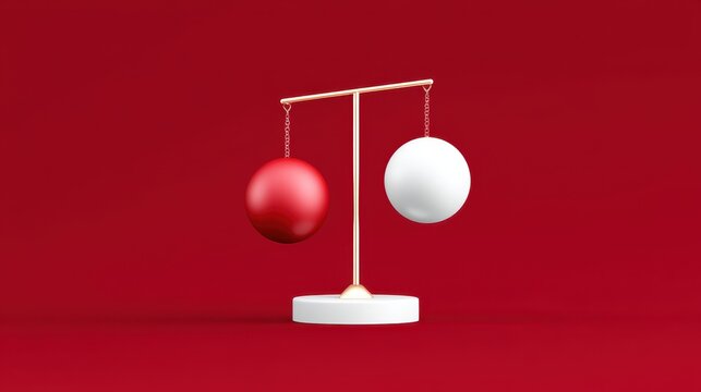 Balance concept with red and white spheres on a scale against a vibrant backdrop.