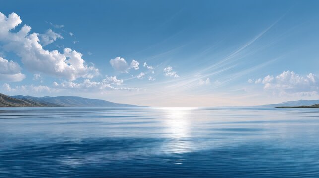 Serene ocean view with clear skies and gentle waves reflecting sunlight.