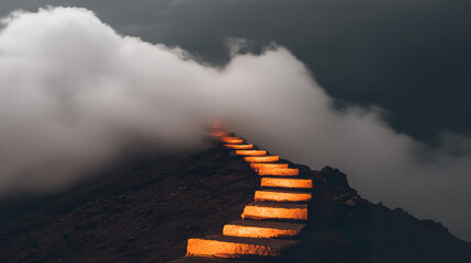 Glowing footprints ascending misty mountains, representing the challenging path of personal health journeys.