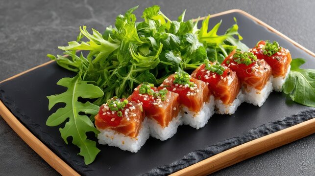 Fresh sushi rolls topped with salmon and avocado, beautifully plated with greens.