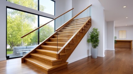 Elegant wooden staircase in a modern bright interior featuring green views.