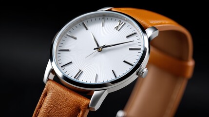 Elegant wristwatch with a silver face and a stylish brown leather strap.