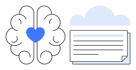 Brain with blue heart emphasizes emotional intelligence, paired with cloud and documents for knowledge storage. Ideal for education, mindfulness, innovation, therapy, teamwork, data storage, personal
