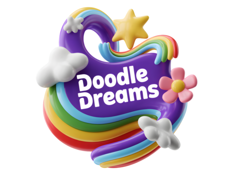 Whimsical rainbow star flower clouds isolated on a transparent background purple