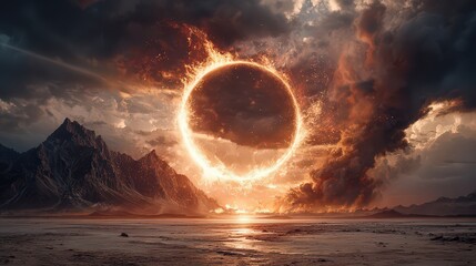 Fiery Solar Eclipse Over Alien Desert Landscape