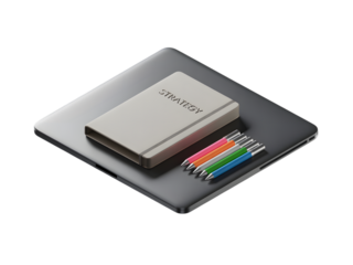 Notebook and colorful pencils on laptop isolated on a transparent background strategy
