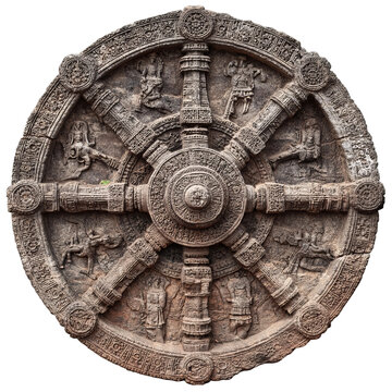 Wheel of Time: The intricate stone carving of a wheel, symbolic of cyclical nature and cultural heritage. It shows a detailed artwork with a rich history.