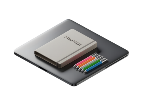 Notebook and colorful pencils on laptop isolated on a transparent background strategy