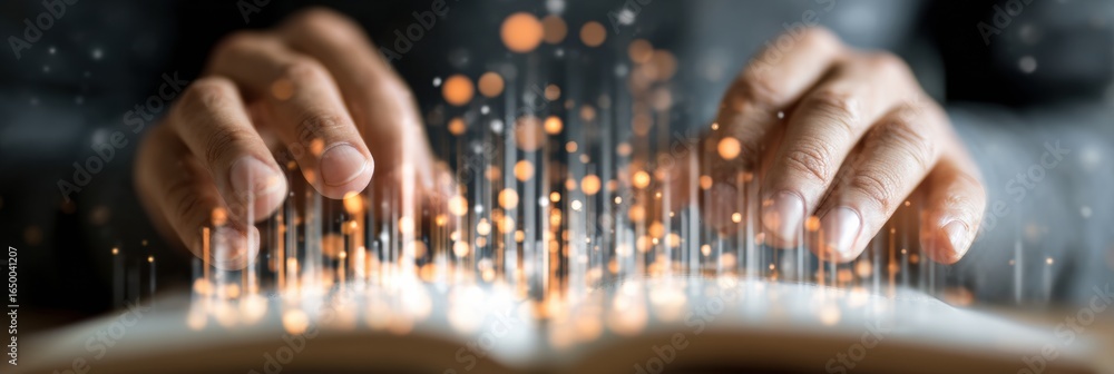 Poster hands interacting with a book while glowing particles float in the air creating a magical atmosphere