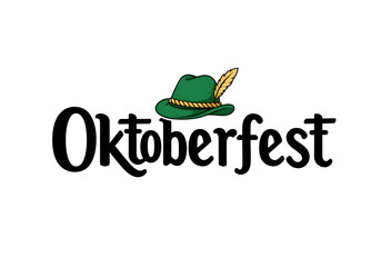 Simple Oktoberfest text logo Minimal Oktoberfest typography logo design with feathered hat icon