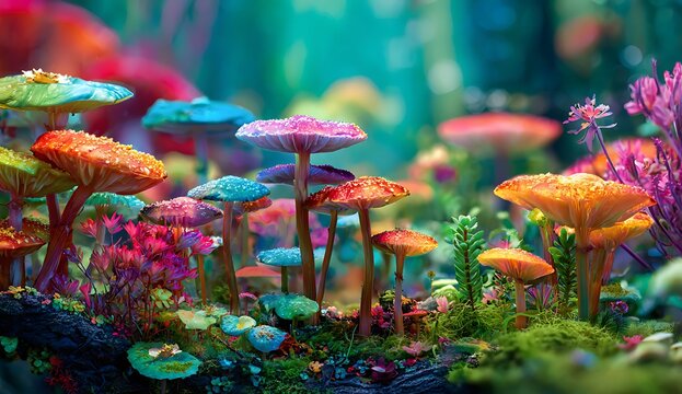 Enchanted forest floor with vibrant bioluminescent mushrooms and moss fantasy nature