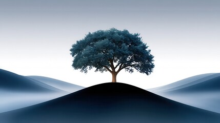 A solitary tree stands tall on a misty hill, embodying tranquility and serenity.