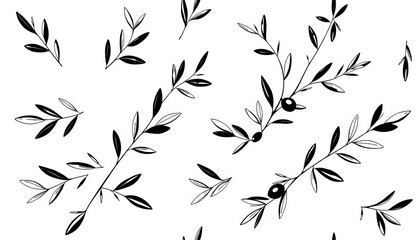 Elegant black & white olive branch pattern on light grey background Seamless botanical design,  olive leaves,  repeating