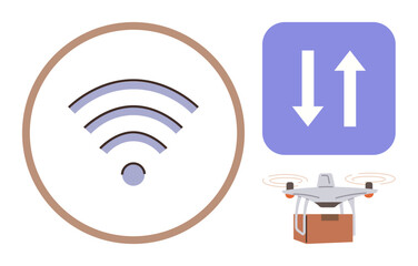 wireless signal icon, data transfer arrows, and delivery drone carrying a box. Ideal for technology, logistics, connectivity, innovation, automation e-commerce digital systems. Simple flat metaphor