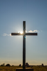 Wooden cross on historic site of Benedictine Abbey of St Benets in Norfolk Broads