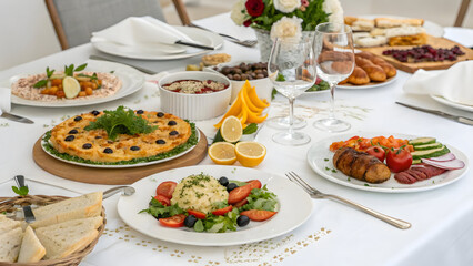 Abundant Festive Table Setting Featuring Various Dishes and Wine Glasses on a White Tablecloth A Delicious Spread of Mediterranean Cuisine Including a Savory Tart Olives and