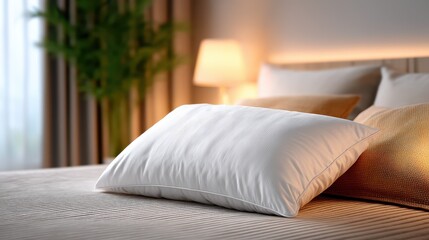 Obraz premium Cozy bedroom with a fluffy white pillow on a soft beige bedspread.